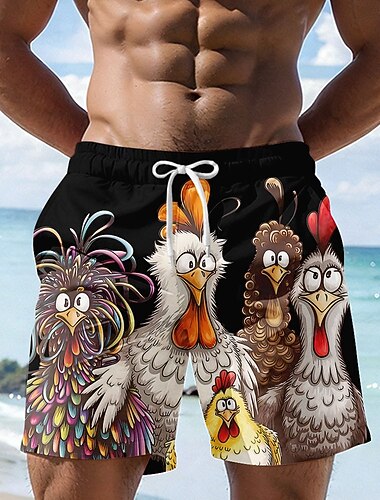  Homme Dessin animé Poussin Poulets frisés Maillots de bain Shorts de bain Shorts de Surf Taille Moyenne Hawaïen Drôle Vacances à la Plage Poches Latérales doublure en maille Taille élastique avec