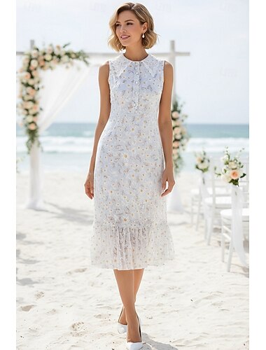  Linjeform Te-lengde Gjestekjole til bryllup Gjestekjoler til bryllup Elegant Daglig Ermeløs Knaphul Hage fest Bryllup med Blomstertrykk Plissert