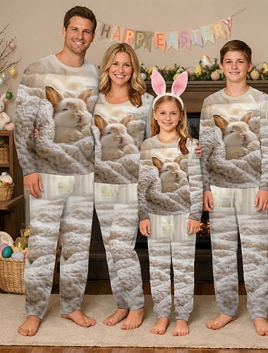  Famiglia Pasqua Pigiama Grafico Coniglietto Casuale Stampato Cachi Manica Lunga Vacanza Abiti coordinati