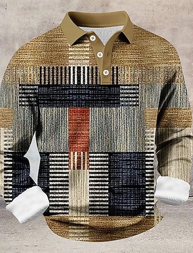  Per uomo Blocco di colori Geometrico Polo Camicie termiche Manica Lunga Magliette polo Bavero Casual Athleisure Ferie Abbigliamento quotidiano Stampa 3D Primavera Autunno Inverno Blu Marrone Grigio