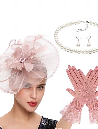  Derby Handschuhe Halskette Fascinator-Hut Dame Kostüm Damen Maskerade Party Ascot Pferderennfestival Erwachsene Kopfschmuck