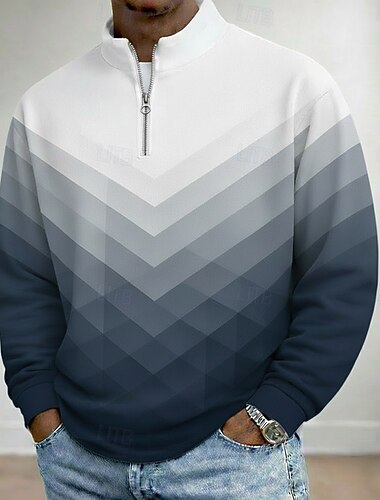  Per uomo Sfumatura Geometrico Polo Manica Lunga Colletto Mao Casual Athleisure Vacanza Athleisure Casual Quotidiano Stampa 3D Primavera Autunno Blu Verde Blu marino