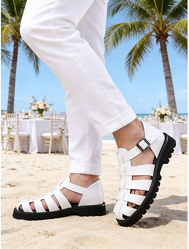  Sandales blanches à brides pour homme, en similicuir véritable, confortables, idéales pour un mariage à la plage ou un style décontracté estival.