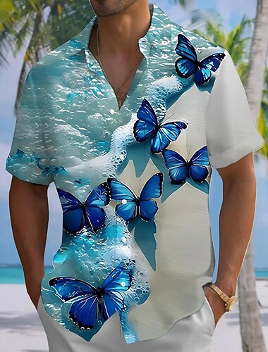  Herre Sommerfugl hav Bølger Hawaii skjorte Skjorte med knapper Aloha skjorte Kortermet Hawaiisk Avslappet Feriereise Sommer Vår Aftæpning 3D-utskrift krage skjorter Front One Lomme Blå Lilla Grønn