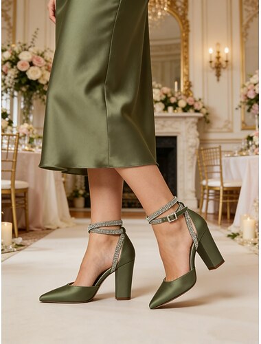  Saliegroene bruidsmeisjeshakken voor dames – spitse bruidsschoenen met blokhak en enkelbandje, elegante satijnen pumps voor het bruidsgezelschap