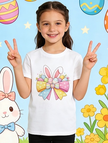  100% Cotone Pasqua Bambini Ragazze Bianco Coniglio Maglietta Girocollo Manica Corta Vacanza Sport & Outdoor Abbigliamento Quotidiano Vacanza Moda Casual Stampa Estate Primavera