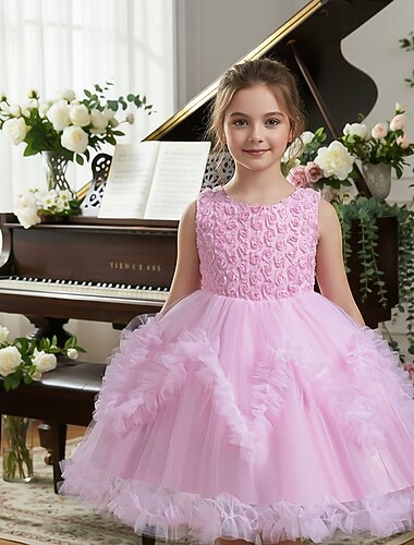  فستان حاملات الأزهار للفتيات الزي الرسمي ملابس الزفاف مناسب للحفلات زفاف رسمي بديع أميرة جميل فستان المناولة الأولى بقع شبكة ورد بدون كم رقبة العمل أبيض وردي بلاشيهغ 4 سنوات +