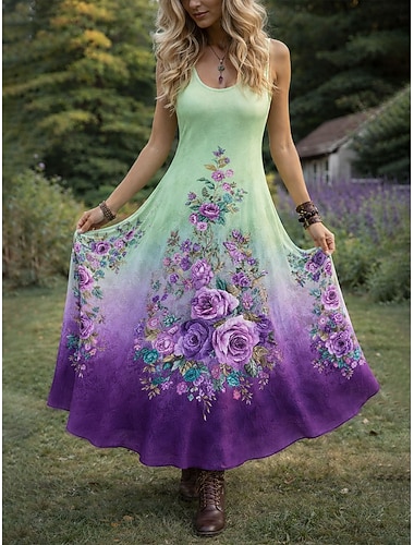  Damen Midikleid Boho-Kleid Freizeitkleid Schwingkleid Sommerkleid Vintage Strand Normale Passform Blumen Grafik Ärmellos Rundhalsausschnitt Rosa Purpur Orange Grün Sommer Frühling