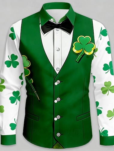  St. Patrick's Day Herren Shamrock Faux Kragen und Anzug Design Faux Krawatte Druck Hemd Button Up Hemd Langarm Vintage Retro Party Feiertag Frühling Herbst Umgeschlagen 3D Druck Kragenhemden Grün