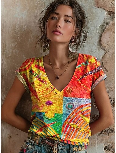  Dames T-shirt Afdrukken Bloemig Grafisch Vintage Stijlvol Klassiek Korte mouw V-hals Normale tops Dagelijks As Geel Oranje Rose Roze Zomer Lente