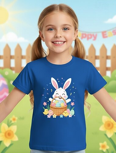  100% katoen Pasen Kinderen Voor meisjes blauw Zwart Wit Grafisch Konijn T-shirt Strakke ronde hals Korte mouw Dagelijks Buiten Streetwear Actief Sport Ontwerper Opdrukken Zomer Lente