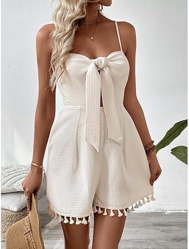  Damen Normal Strampler Aktiv Einfarbig Ärmellos V Ausschnitt Schleife Rückenfrei Täglich Urlaub Normale Passform Gelb Grün Aprikose Sommer