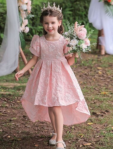  Robe de Demoiselle d'Honneur Fille Fille Robe de soirée Tenue de mariage Soirée Mariage Formel Adorable Formel Beau Froncé Patchwork Fleuri Manches courtes Col carré Rose Claire Rouge 4 ans et +