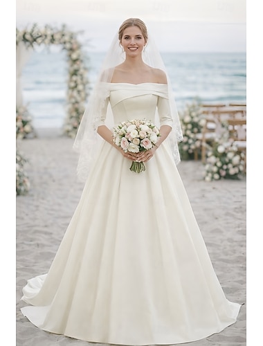  Trouwjurken A-lijn Schouderafhangend Halve mouw Strijksleep Satijn Bruids jurken Met Ruches Effen kleur