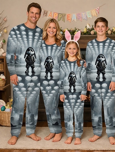  משפחה פסחא פיג'מות גראפי אַרנֶבֶת קזו'אל דפוס אפור שרוול ארוך חופשה תלבושות תואמות