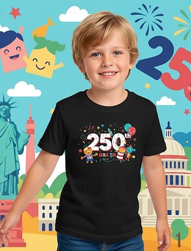  Baumwolle 100% Baumwolle Kinder Jungen Blau Schwarz Weiß Grafik 250-jähriges Jubiläum T-Shirt Bluse Rundhalsausschnitt Kurzarm Outdoor Alltagskleidung Mode Streetwear Designer Drucken Sommer