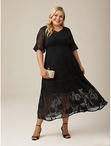  Dámské Midi šaty Šifonové šaty Elegantní Květinový Poloviční rukáv Do V Černá