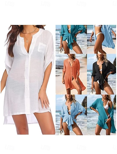  Damen Minikleid Weißes Kleid Strandkleid schwarzes kleid Überwurf Elegant Mode Klassisch Täglich Outdoor Strand Lässiger Schnitt Einfach Halbarm V Ausschnitt Blau Schwarz Weiß Armeegrün Sommer