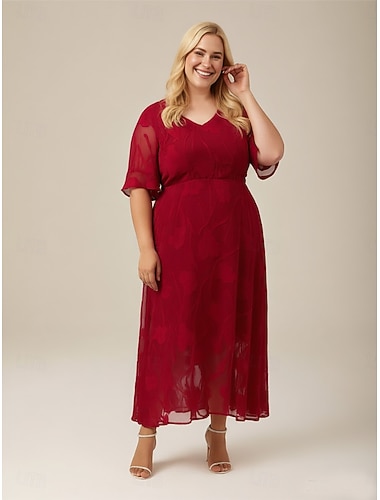  Dámské Midi šaty Šifonové šaty Áčkové šaty Elegantní Volné rukávy Denní Svatební host Krajka Květinový Poloviční rukáv Do V Rubínově červená