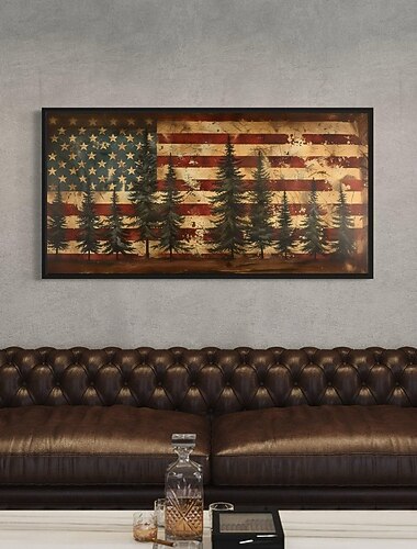  Rustikk Amerikansk Flag Ekstra Stor Veggkunst Patriotisk Veggkunst Flag og Furu Trær Maleri Canvas Print Innrammet Klar til Å Henge