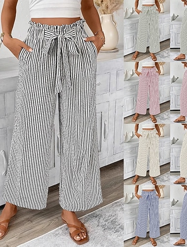  בגדי ריקוד נשים מכנסיים מכנסי קיץ מכנסיים רחבים מכנסיים רגילים חופשה אופנתי בסיסי באורך מלא מותן בינונית שרוך כיס רגל רחבה קומפורט נשימה רך קשיח יומי חוף חגים פול שחור ורוד ירוק צבא קיץ אביב סתיו