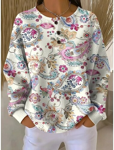  Dames Trui-sweatshirt Knop Grafisch Geometrisch Modieus Casual Print Lange mouw Strakke ronde hals Normale tops Casual Huis Werk Wit Blozend Roze Oranje Lente Herfst