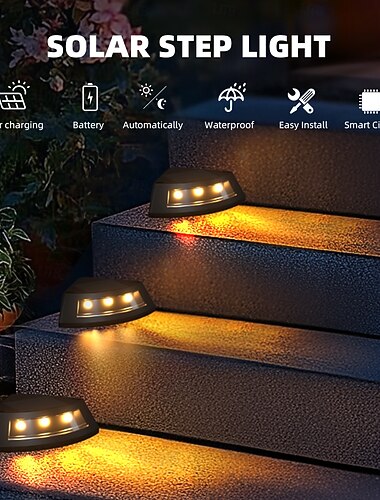  Conjunto de 4 luminárias solares de degrau para exterior, à prova d'água, com LED, em formato de leque triangular, ideais para jardim, quintal, caminho, cerca, pátio e iluminação paisagística.