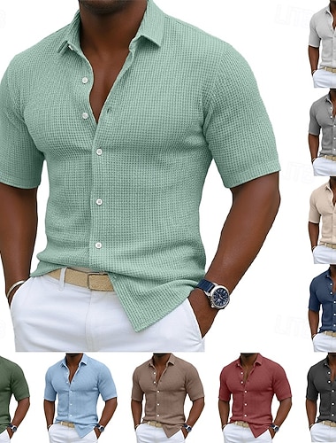  Herren Hemd Waffelhemd Textur Freizeithemd Knopfhemd Schwarz Weiß Wein Marineblau Himmelblau Kurzarm Einfach Revers Lässig Täglich Bekleidung Mode Modern Lässig Bequem
