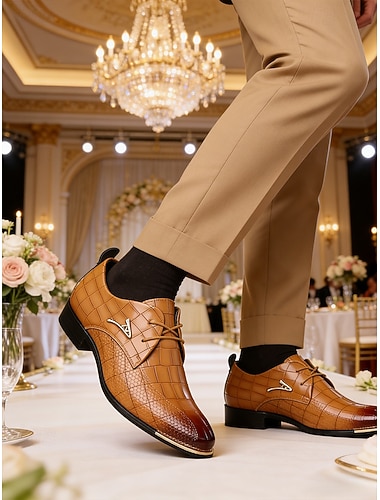  Brune herre-oxfordsko i kunstskinn med krokodillepreget mønster – premiumdesign for bryllup, forretningsarrangementer og formelle anledninger