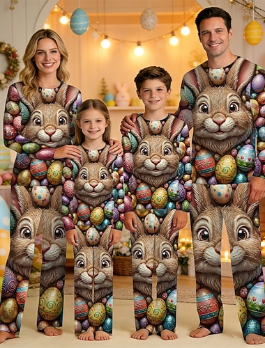  Famiglia Pasqua Pigiama Grafico Coniglietto Casuale Stampato Blu Nero Bianco Manica Lunga Vacanza Abiti coordinati