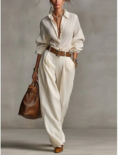  Mulheres Conjuntos de calças Bolero Top Manga Longa Colarinho de Camisa Tecido Franzido Elegante Moda Roupa de rua Casual Diário Ao ar livre Branco Verão Ajuste Largo