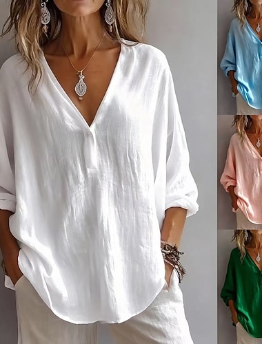  Damenbluse aus 100 % Baumwolle, einfarbig, Vintage-Stil, modern, langärmelig, V-Ausschnitt, normale Passform, geeignet für Alltag, Urlaub, Ausgehen, in Weiß, Rosa, Himmelblau, Grün, Frühling/Herbst