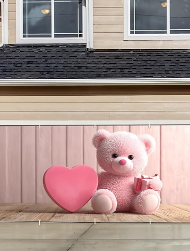  7×16 Fuß großes Garagentorbanner – romantischer rosa Teddybär mit herzförmigem Geschenk und Luftballons, Valentinstag, Garagentorabdeckung, Hochzeitsfeier, Hausfassadendekoration, saisonale Außendekoration