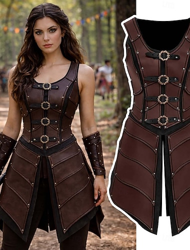  Médiéval Renaissance Robe Armure Veste Guerrier Valkyrie Barbare Déguisement Femmes Viking Fantaisie Halloween Carnaval Performance LARP Foire de la Renaissance Adulte Robe