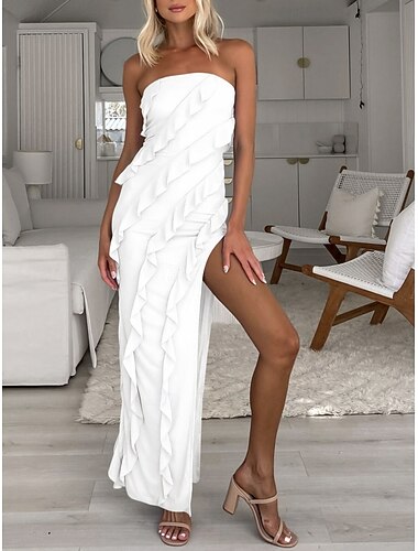  Per donna Abito maxi Abito Bianco Abito da laurea Abito senza spalline Elegante Moda Moderno All'aperto Vacanza Uscire Vestibilità regolare Semplice Senza Maniche Senza Spalline Giallo Chiaro Bianco