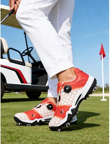  Chaussures de golf rouges et noires pour hommes – en similicuir de qualité supérieure, imperméables, idéales pour le golf et les activités de plein air.