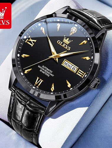  Nuevo reloj de negocios para hombre de la marca Olevs con luz nocturna, calendario y visualización del día de la semana, mecánico totalmente automático, resistente al agua para ocio y deportes, reloj