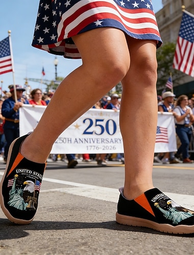  Verenigde Staten 250e Jubileum Dames USA Gedrukte Brede Slip-On Schoenen – Lichtgewicht Wandelschoenen Patriottische Stedelijke Casual Stijl voor Straatmode Festivals Reizen  Dagelijks Gebruik