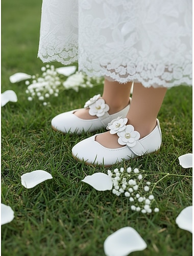  Hvite Mary Jane-sko til barn med blomsterapplikasjon, myke, flate sko i kunstskinn i prinsessestil for små jenter, komfortable lavhælte sko, perfekte for blomsterpiker med bryllupsmotiv
