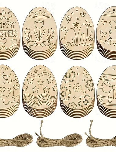  Conjunto de 40 ovos de madeira para decoração de Páscoa, ovos de madeira sem acabamento com cordão, ideais para artesanato e decoração de Páscoa. &decoração de primavera para casa