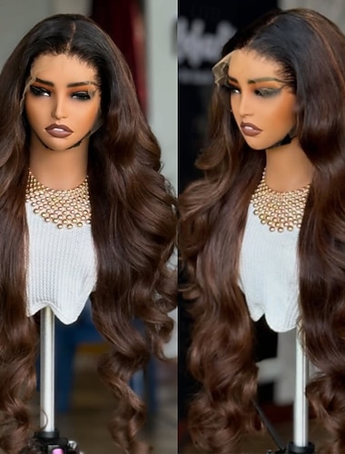  Peluca de cabello humano 100% virgen brasileño con cierre de encaje 5x5 y encaje frontal completo de 13x4, color negro, marrón oscuro, dos tonos, con pelo de bebé, línea de cabello natural, sin