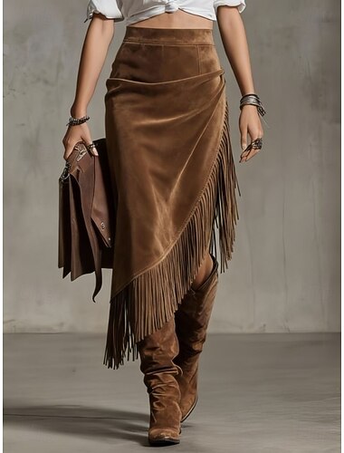  Dames Rok van imitatie suède Bohemen Vintage Modieus Midi Hoge taille Rokken Inelastisch Strand Vakantie Bruin Herfst Polyester