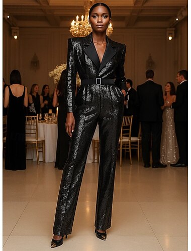  Dam Kostymer Jumpsuits Jumpsuits Formell Bröllopsgäst Paljett Elegant Frack minimalist Långärmad Golvlång Naggade slag Dubbelknäppt