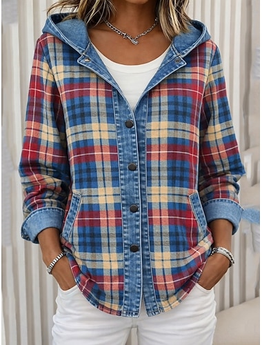  Dame Uformell jakke Hettegenser Hold Varm Bekvem Glidelås Lomme Knapper Fritid Ruter Hjem utendørs Feriereise Dagligdagstøy Normal Med hette Løstsittende Langermet Yttertøy Blå Høst Vinter