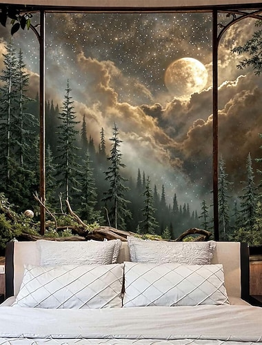  Wandteppich mit Waldmondschein, Sternenhimmel über Kiefern – mystischer Wandbehang für Schlafzimmerambiente und naturnahe Dekoration