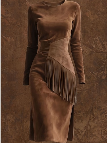  Damen Midikleid Langes Kleid Maxikleid Vintage-Kleid Kleid aus Wildlederimitat Vintage Mode Täglich Outdoor Urlaub Normale Passform Einfach Langarm Rundhalsausschnitt Schwarz Braun Aprikose Sommer