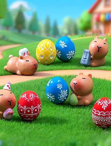  Conjunto de 9 miniaturas de capivaras com ovos de Páscoa, adoráveis estatuetas de animais em resina para cestas de Páscoa, decoração de bandeja de vários andares e mesa. &enfeites de jardim de fadas