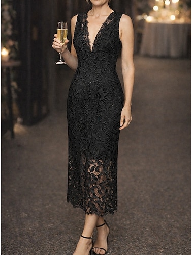  Damen Langes Kleid Maxikleid schwarzes kleid Spitzenkleid Cocktailkleid Minikleid Mode Klassisch Modern Täglich Urlaub Ausgehen Normale Passform Einfach Ärmellos V Ausschnitt Schwarz Marineblau