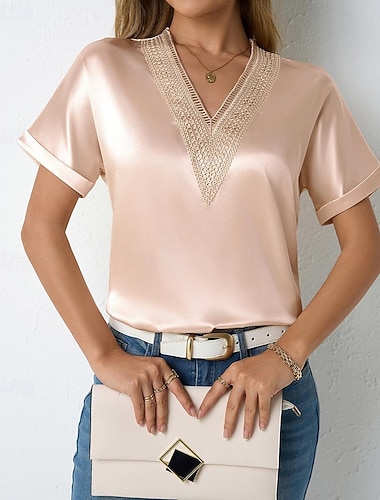  Femmes Satin T-shirt Patchwork Garniture en dentelle Élégant Manche Courte Col en V Hauts Réguliers Quotidien Sortir Noir Blanche Orange Vert Abricot Été Printemps