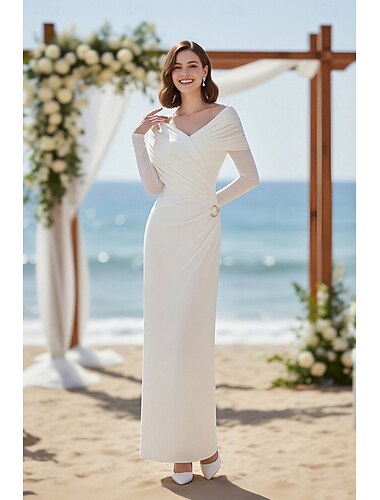  Fourreau Colonne Longueur au sol Robe d'invité de mariage petite robe blanche Élégant Petites Robes Blanches manche longue Épaules Dénudées Mariage avec Froncé